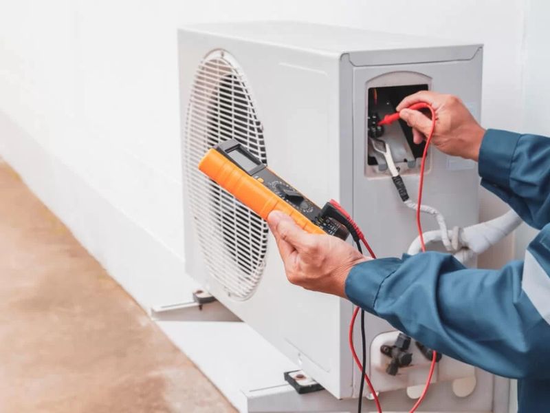 Technician measuring electrical readings on an outdoor AC unit